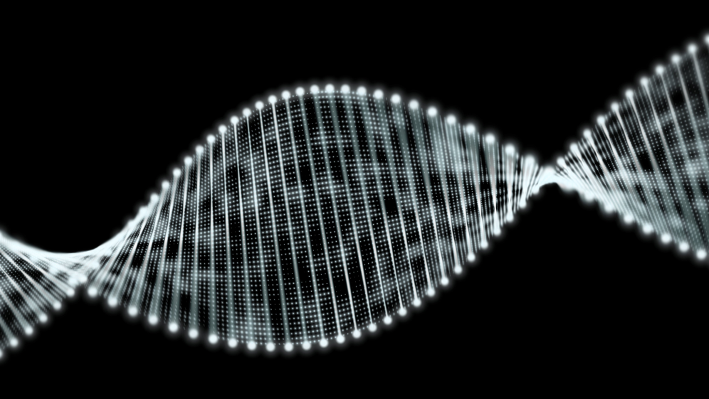 Image of a DNA strand, white on a black background 